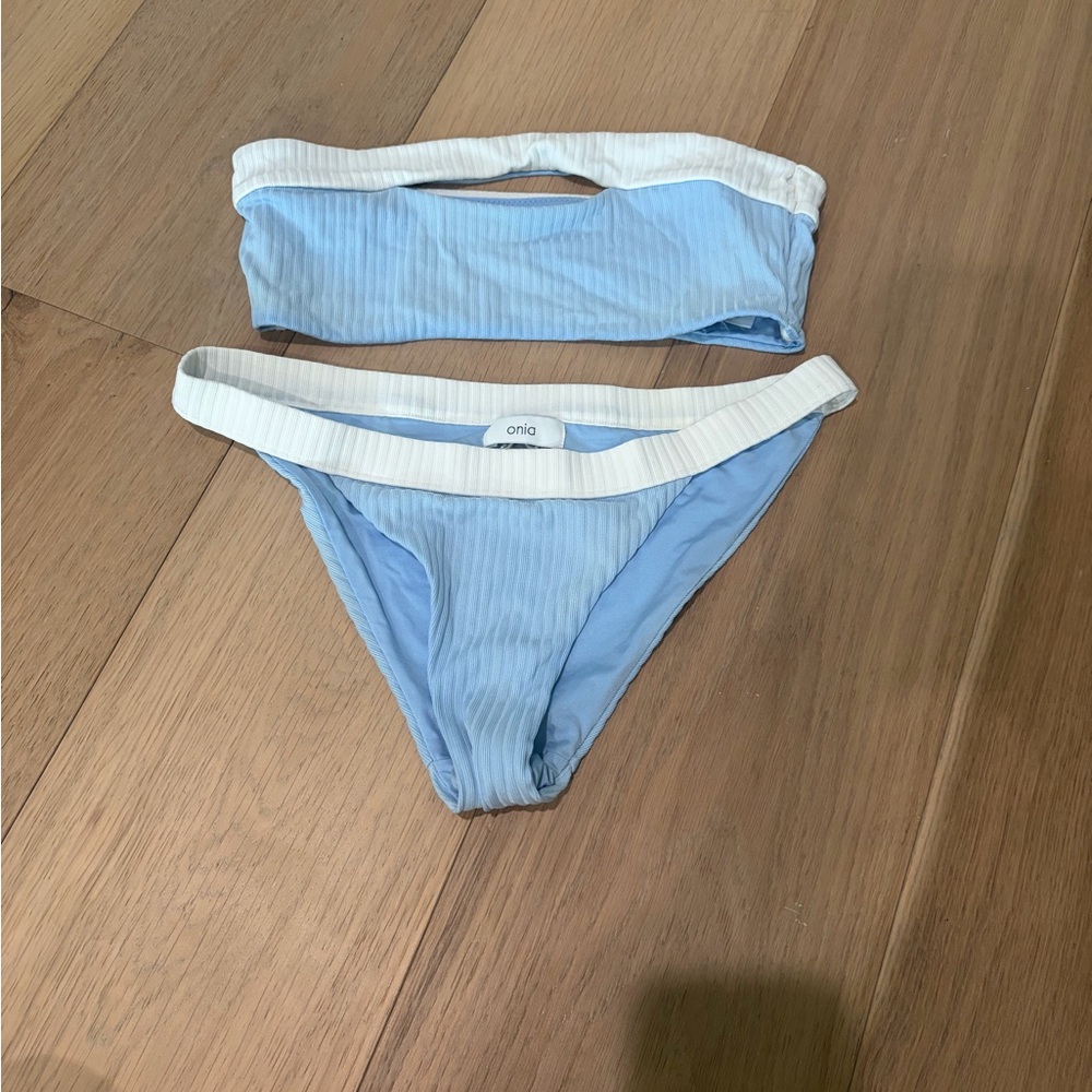 Onia Light Blue and White Ribbed Bikini